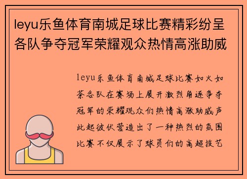 leyu乐鱼体育南城足球比赛精彩纷呈各队争夺冠军荣耀观众热情高涨助威不断