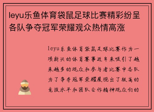 leyu乐鱼体育袋鼠足球比赛精彩纷呈各队争夺冠军荣耀观众热情高涨